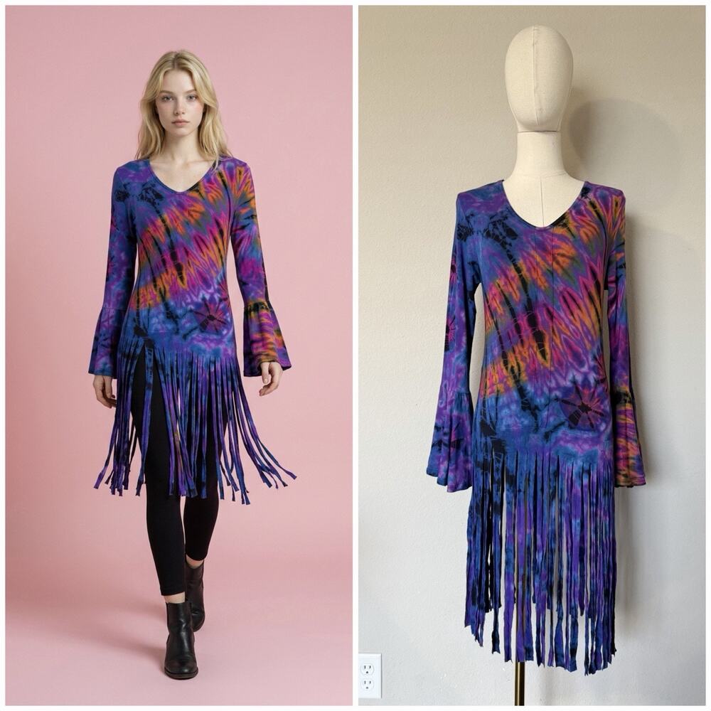 Jayli Sz S Tie Dye Fringe Tunic Top Boho Batik Print Hippie Boho Rave Festive